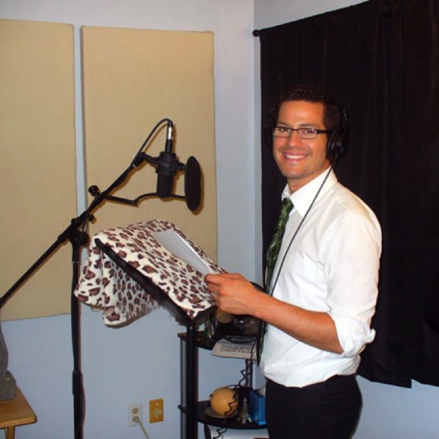 Gabriel Sotelo recording a voice-over at Lan Media Productions.